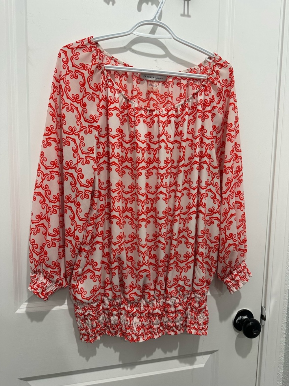 Peter Nygard Red Scroll Print Peasant Blouse - Cream Base